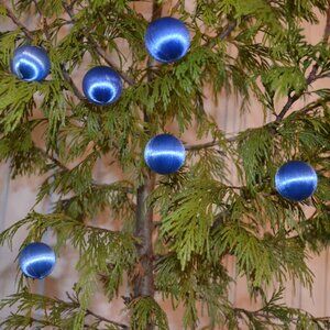 Holiday Ornaments 7 Small Balls Shiny Blue Styrofoam Nylon Threaded Handmade